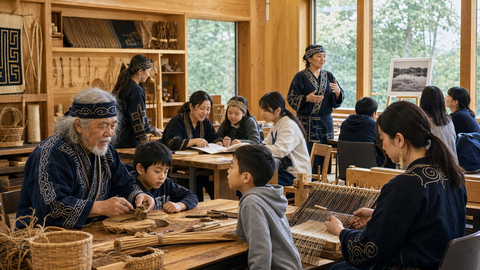Cena ilustrativa de transmissão cultural Ainu em centro educativo moderno