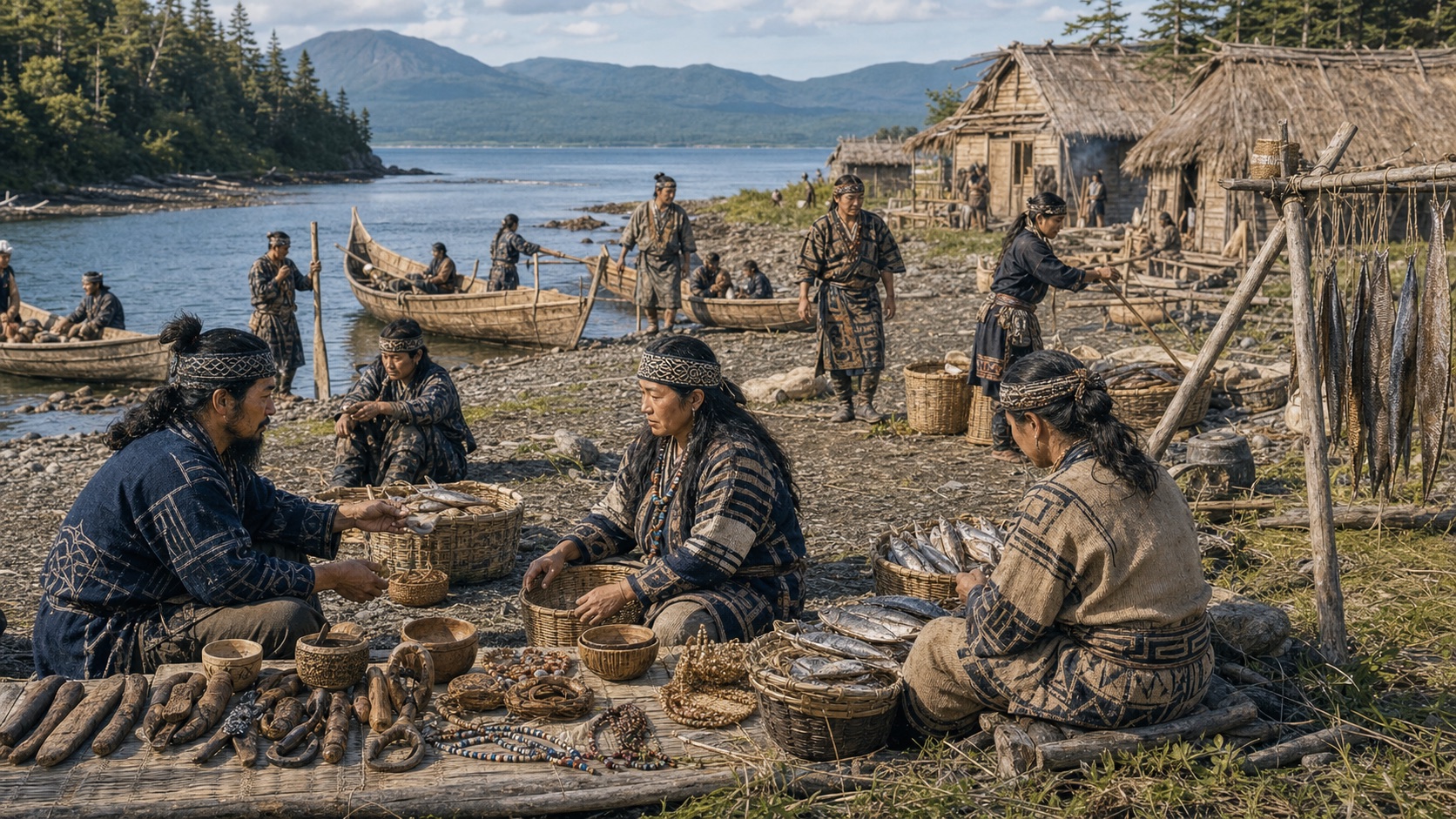 Cena ilustrativa de cotidiano e troca em uma comunidade Ainu costeira
