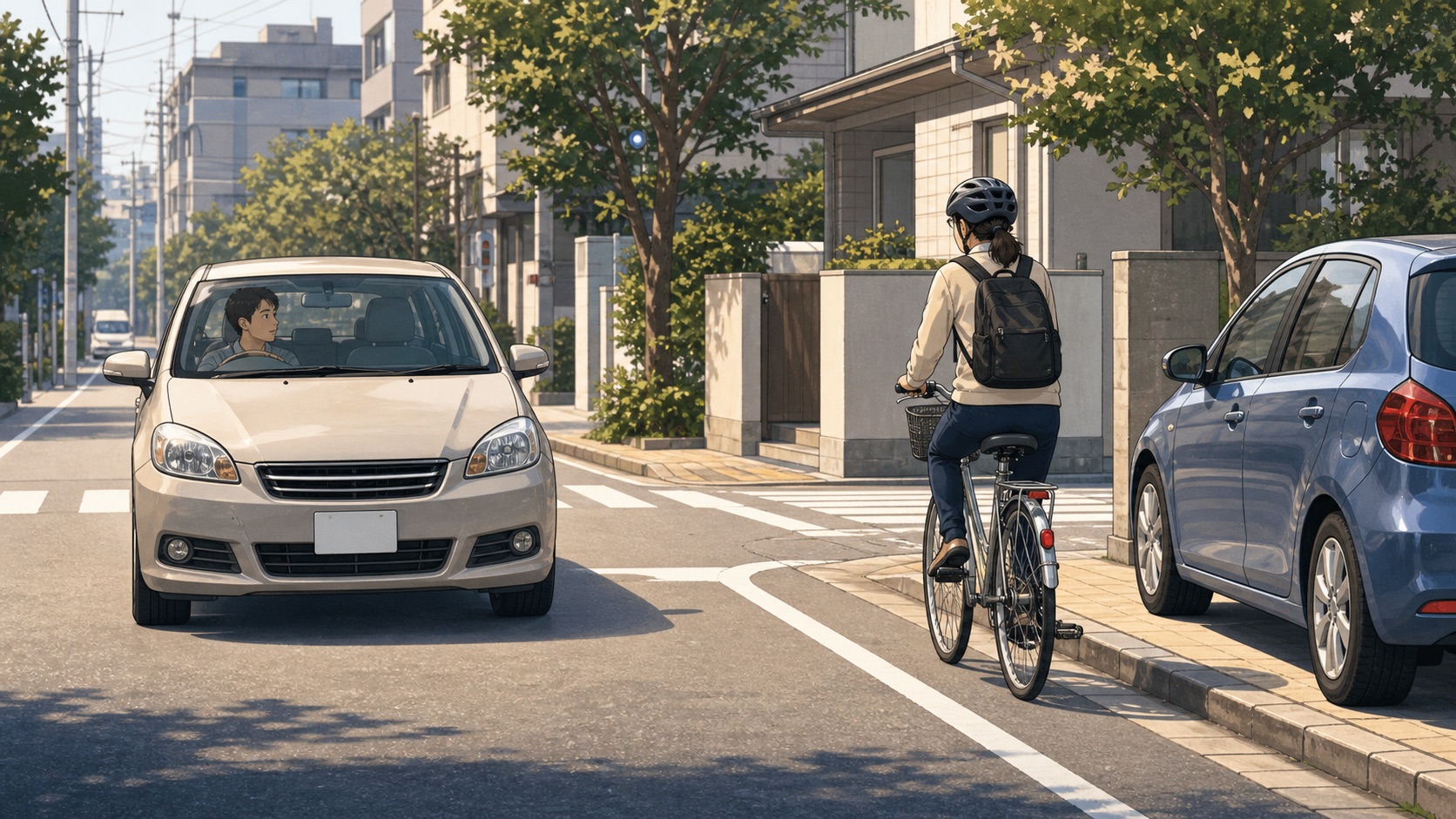 Motorista e ciclista dividindo rua residencial estreita no Japão com carros estacionados