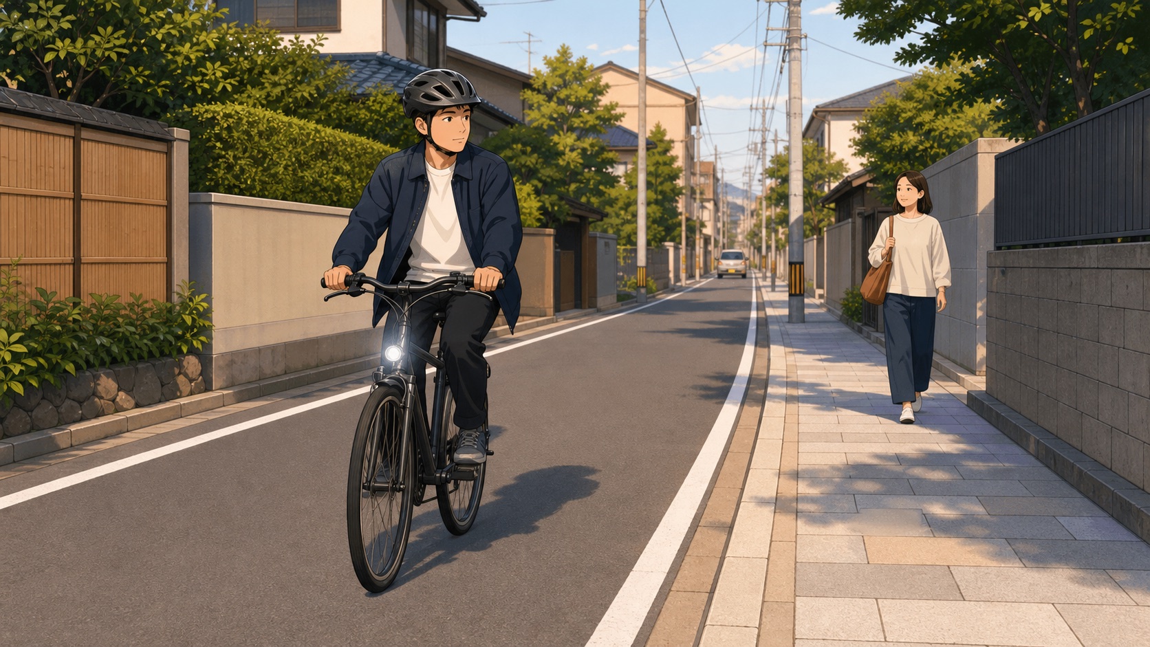Ciclista usando o lado esquerdo da via em rua residencial japonesa com pedestre na calçada