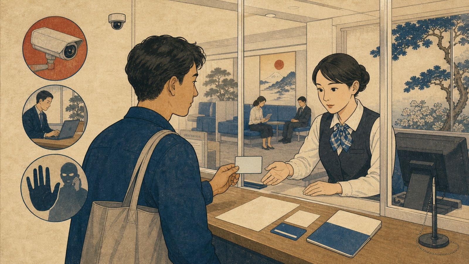 Ilustração editorial neo-ukiyo-e de agência bancária japonesa, caderneta, cartão e documentos de residência sem texto legível.