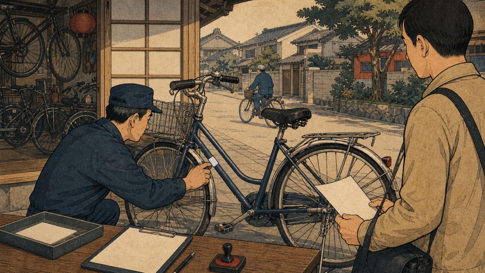 Ilustração editorial neo-ukiyo-e de bicicleta urbana com selo de registro antifurto e balcão de loja japonesa sem texto legível.