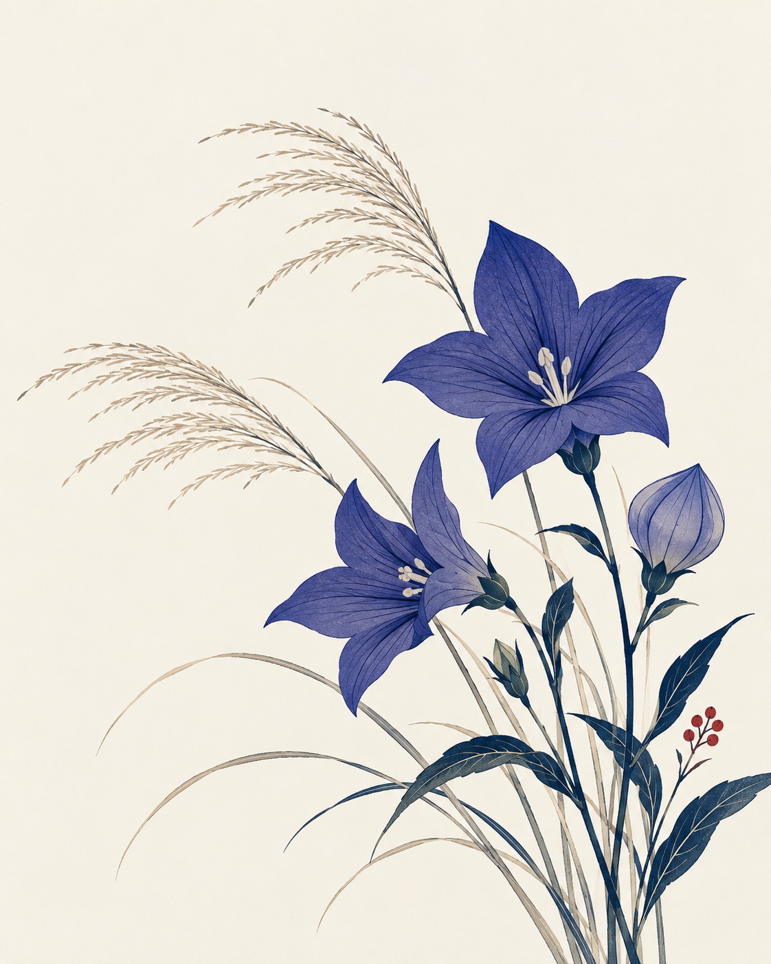 Ilustração editorial: Kikyō e susuki, exemplos de plantas associadas ao outono japonês.