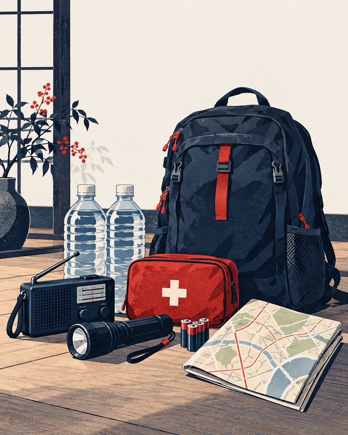 Ilustração editorial: Mochila, água, rádio, lanterna e kit de primeiros socorros.