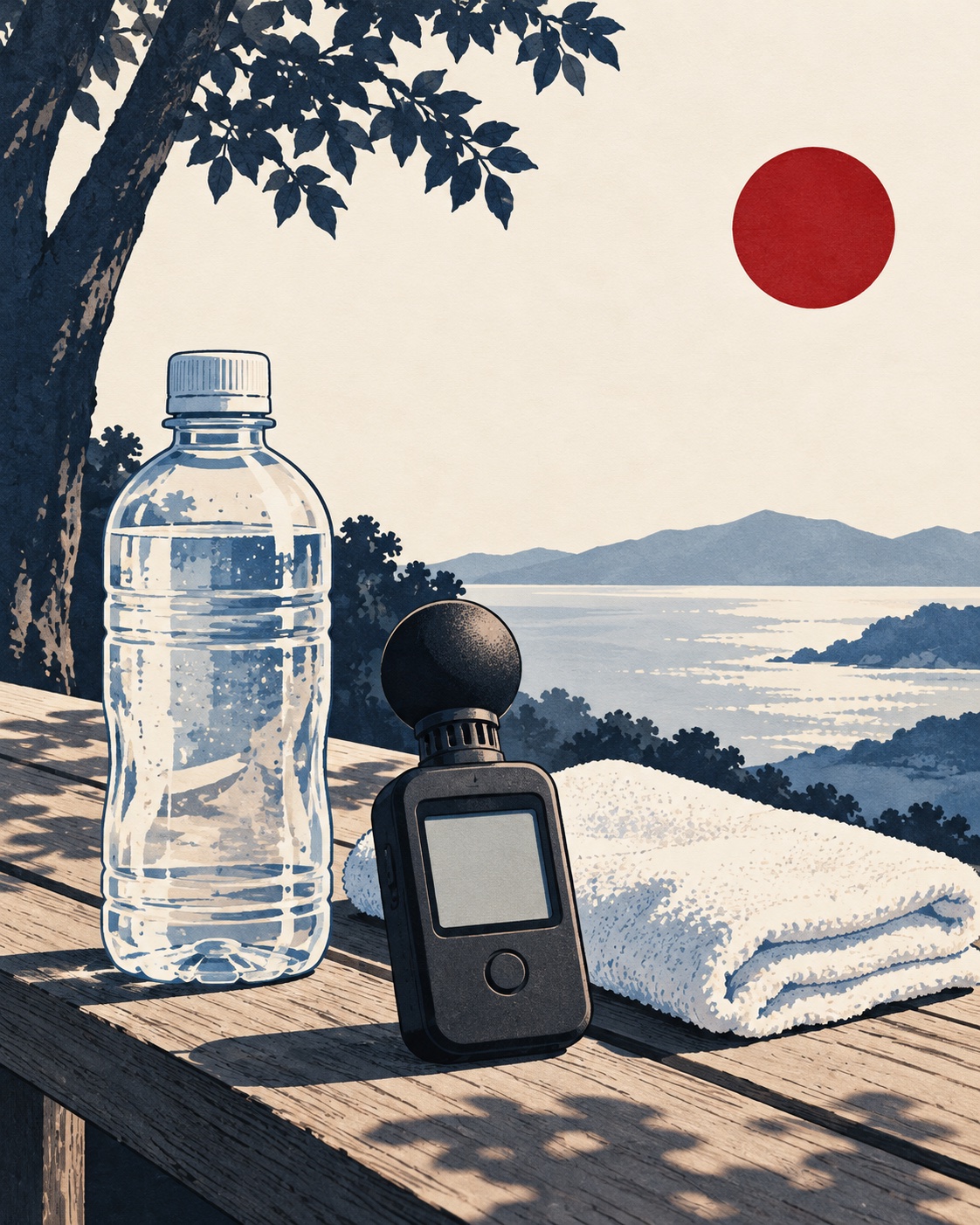 Ilustração editorial: Medidor de calor com globo negro, água e toalha; tela sem valores.
