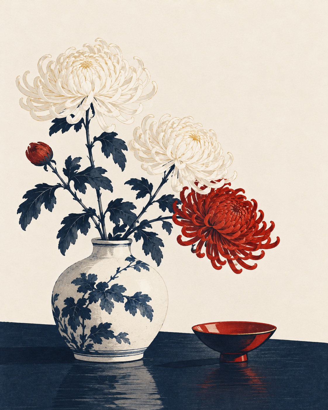Ilustração editorial: Crisântemos em vaso, em ilustração do Chōyō no Sekku.