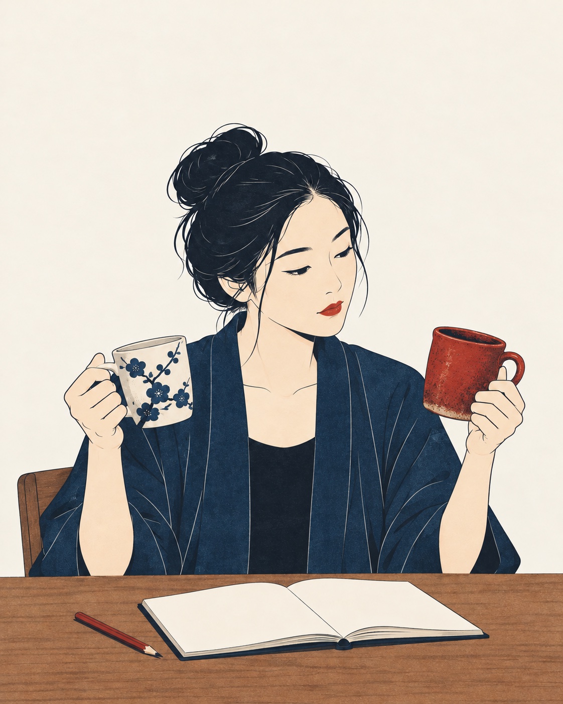 Ilustração editorial: Pessoa compara duas xícaras junto a um caderno de estudo.