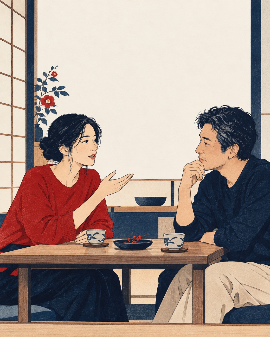 Ilustração editorial: Dois adultos conversam atentamente à mesa.