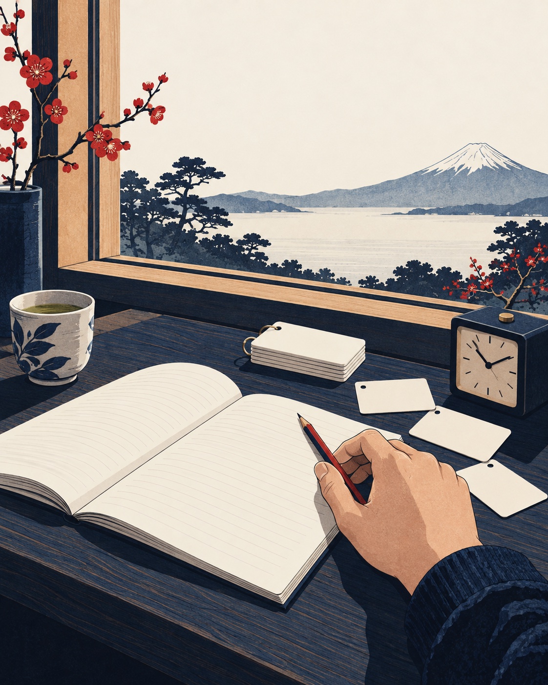 Ilustração editorial: Caderno e cartões de estudo sem palavras, em uma mesa de aprendizagem.