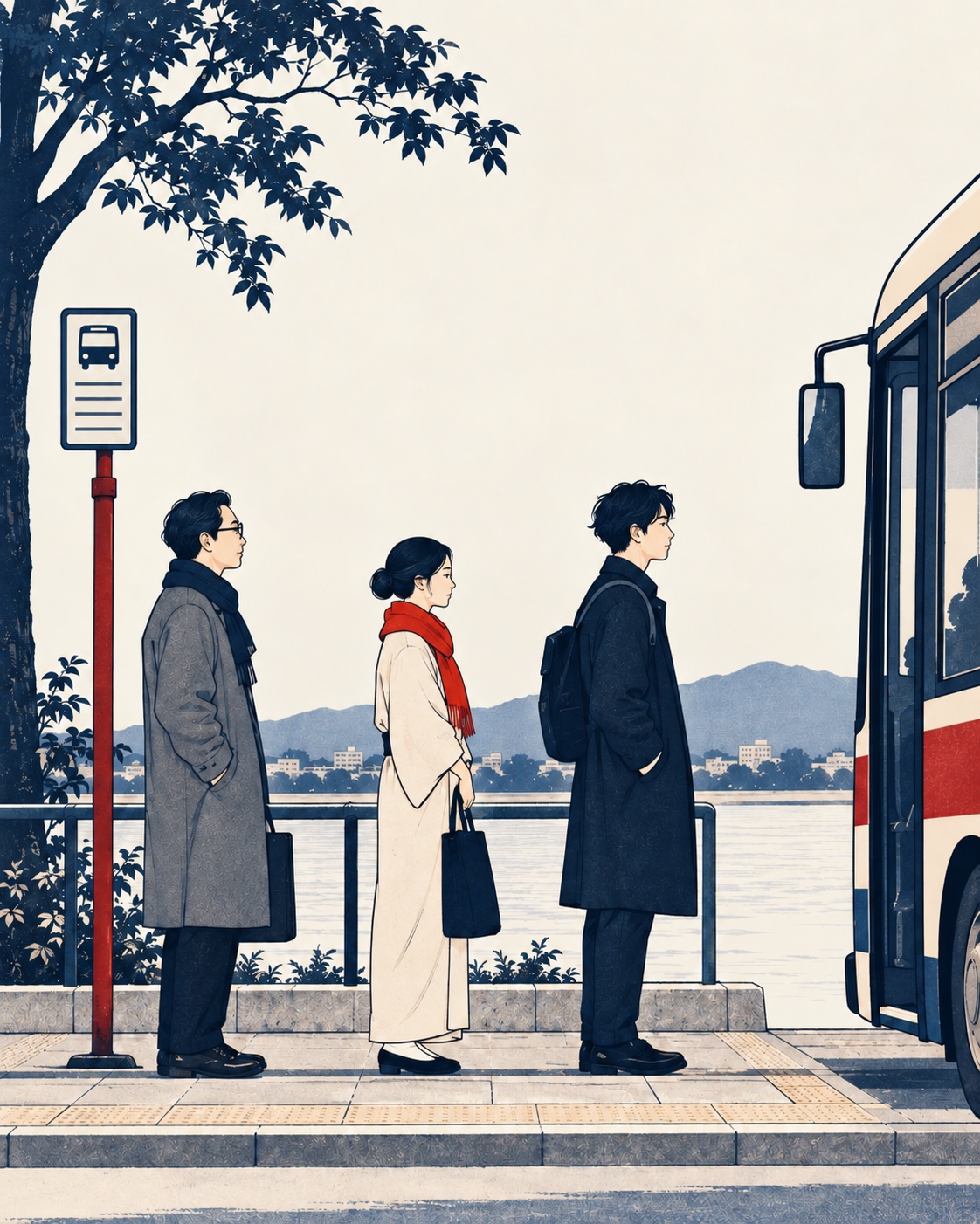 Ilustração editorial: Três adultos aguardam em fila junto a um ponto de ônibus.