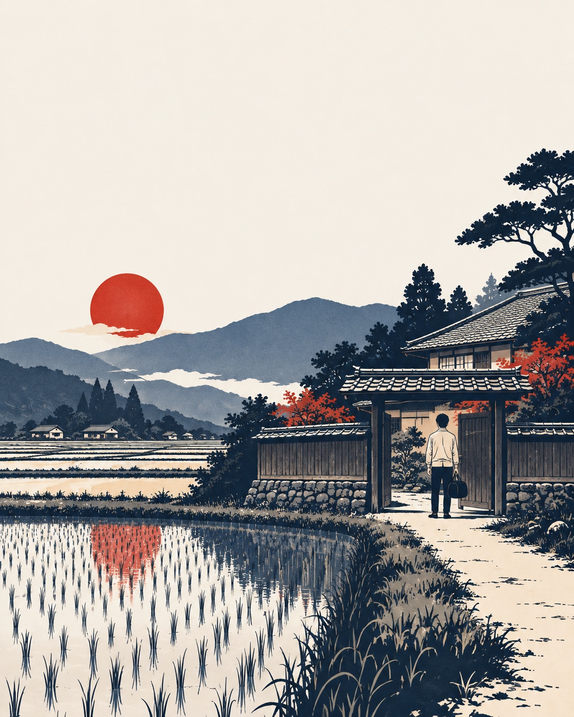 Ilustração editorial: Pessoa retorna a uma casa em paisagem rural japonesa.