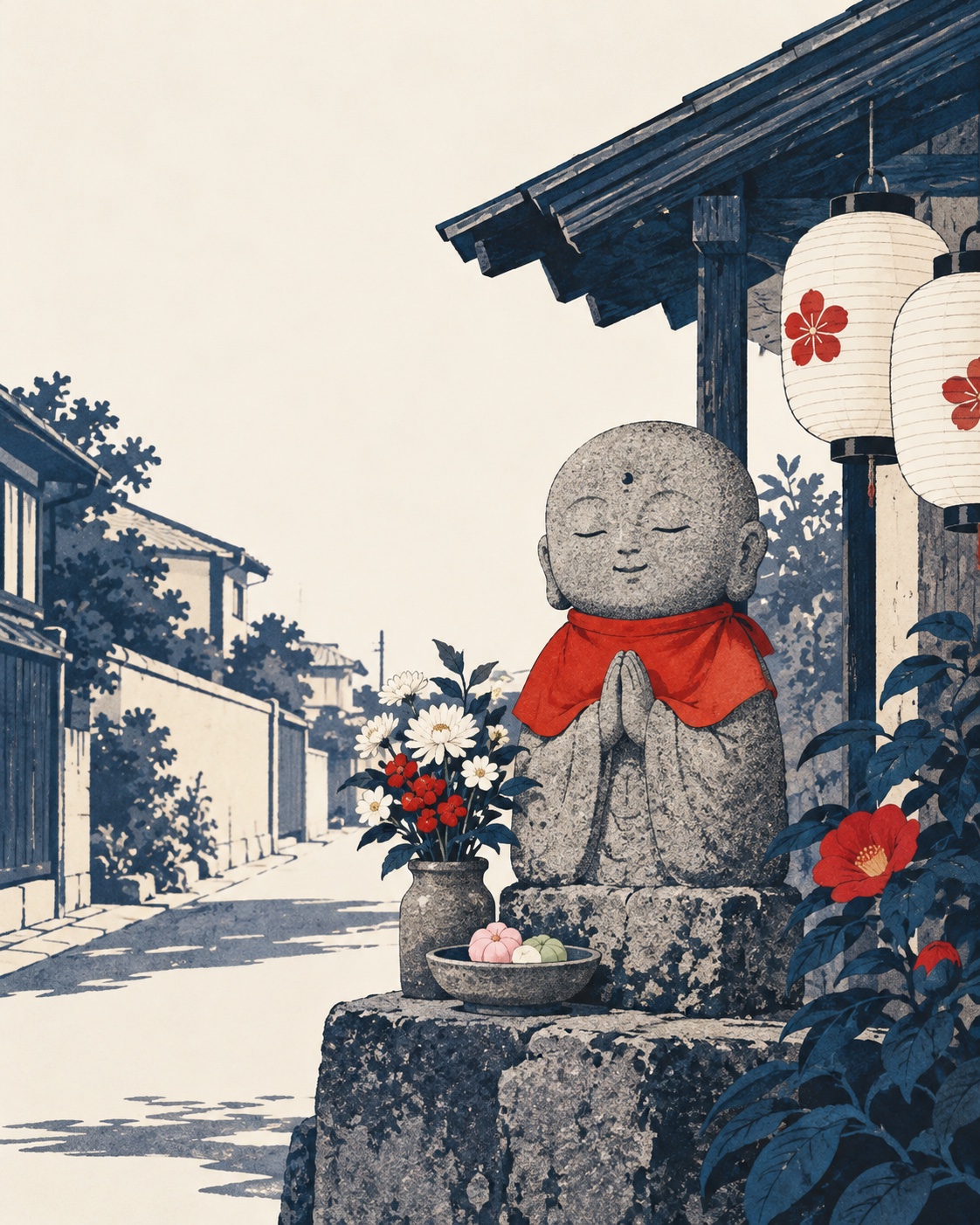 Ilustração editorial: Estátua de Jizō com flores e oferendas em um bairro.