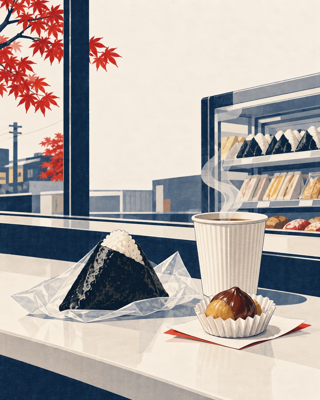 Ilustração editorial: Onigiri, bebida quente e alimento de outono junto a uma vitrine de konbini.