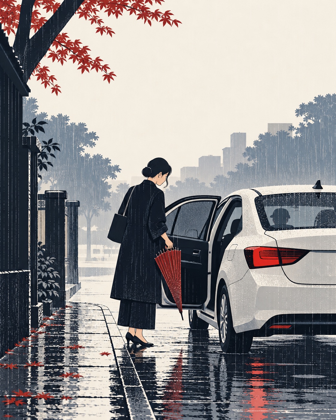 Ilustração editorial: Passageira junto a um automóvel em dia de chuva.