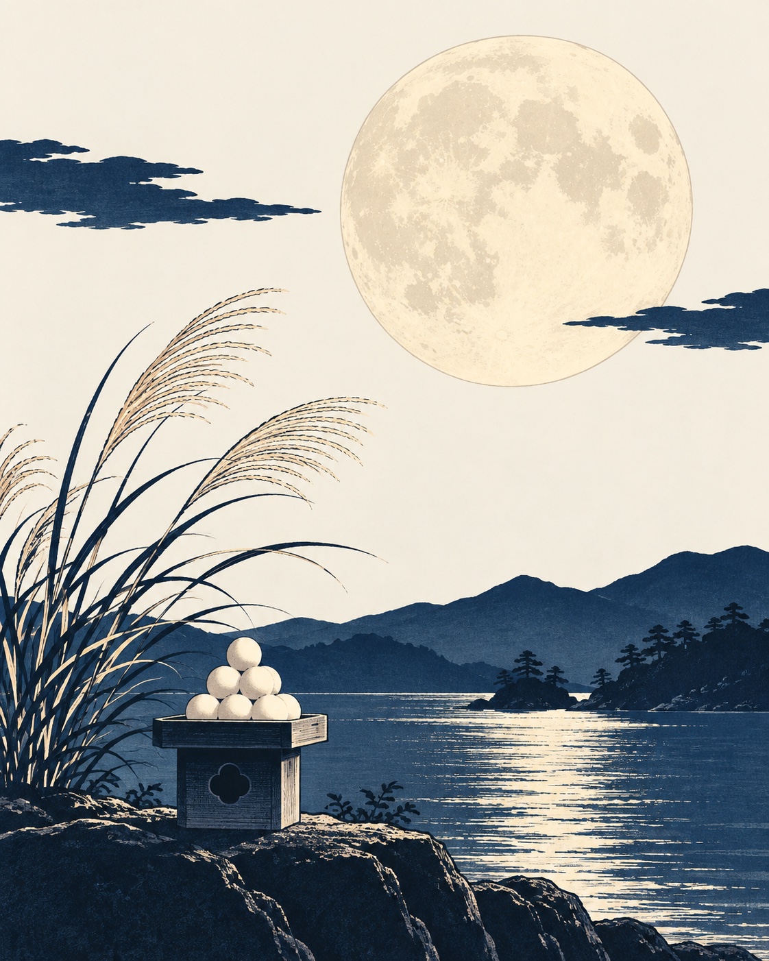 Ilustração editorial: Lua de outono, susuki e bolinhos dango em ilustração do Tsukimi.
