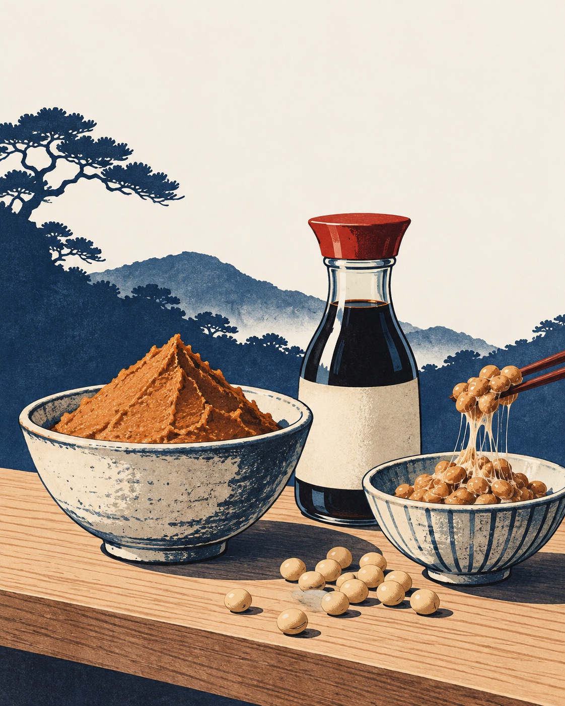 Ilustração editorial: Missô, shoyu e natto em uma composição sobre fermentação.