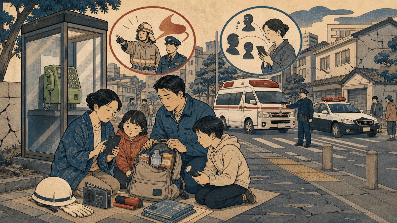 Ilustração editorial neo-ukiyo-e de telefones de emergência, ambulância, viatura e aviso de desastre 171.