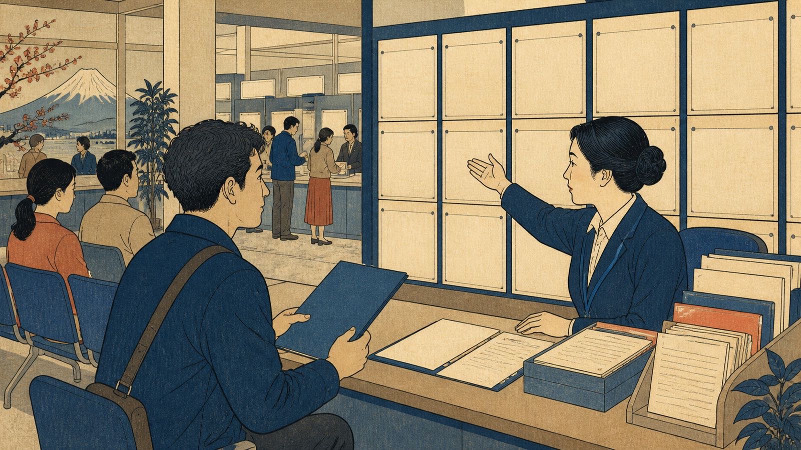 Ilustração editorial neo-ukiyo-e de atendimento no Hello Work, fichas de vaga e balcão público japonês.