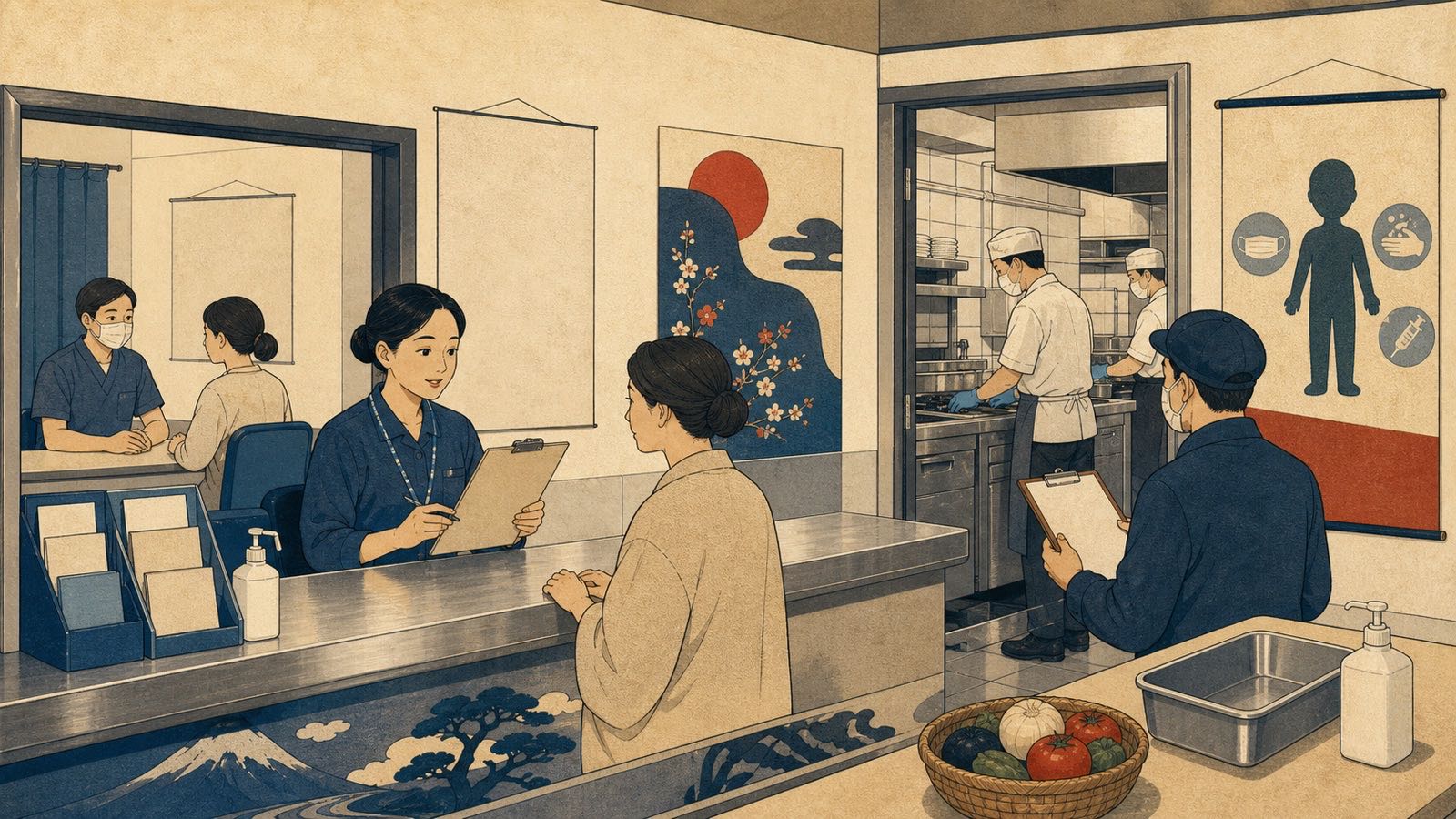 Ilustração editorial neo-ukiyo-e de centro de saúde pública japonês, balcão sanitário e documentos oficiais sem texto legível.