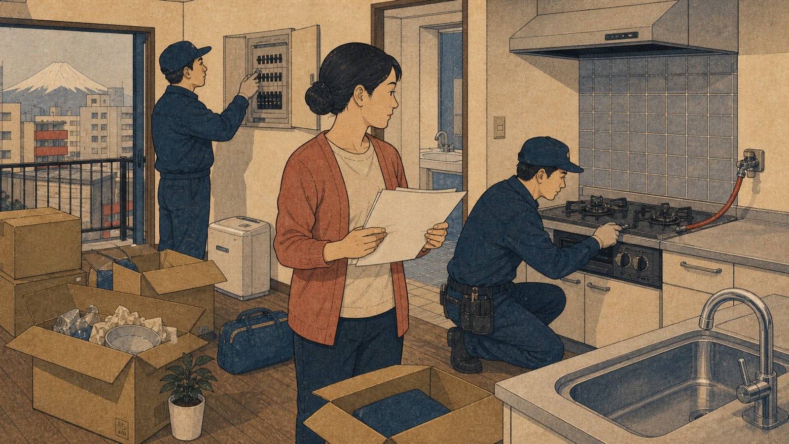 Ilustração neo-ukiyo-e editorial de apartamento japonês em mudança com medidores de luz, gás e água, sem texto incorporado.