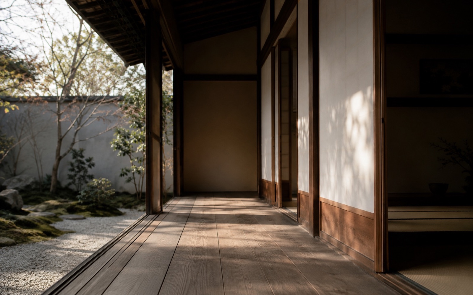 Composição editorial japonesa com espaço vazio, arquitetura e sombra.