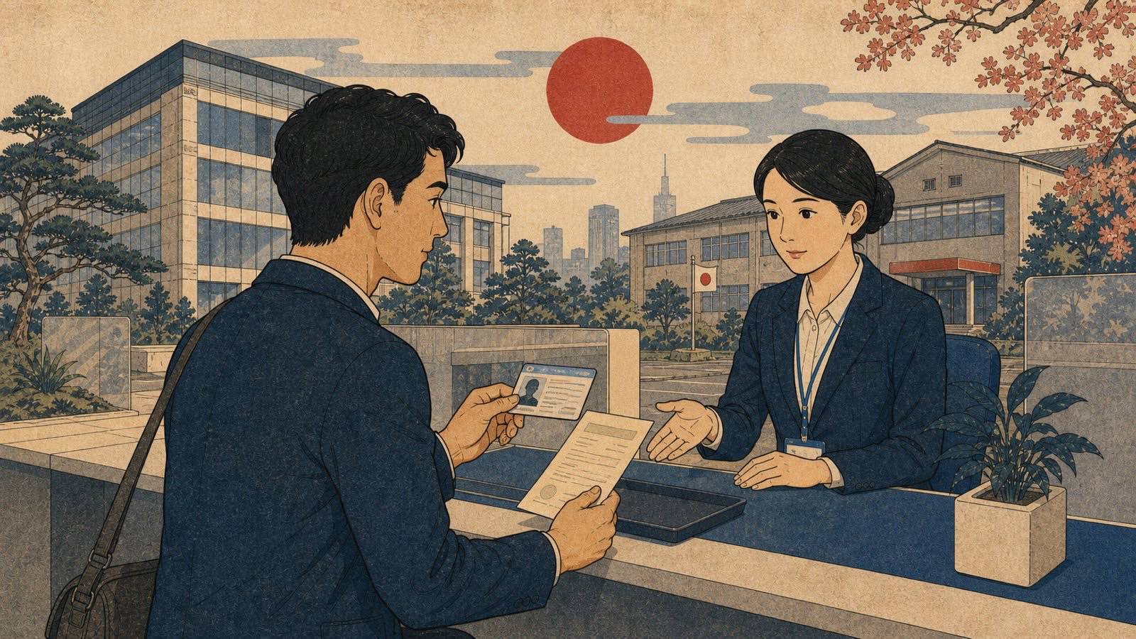 Ilustração neo-ukiyo-e editorial de balcão de imigração japonês com trabalhador, pasta e cartão de residência, sem texto incorporado.
