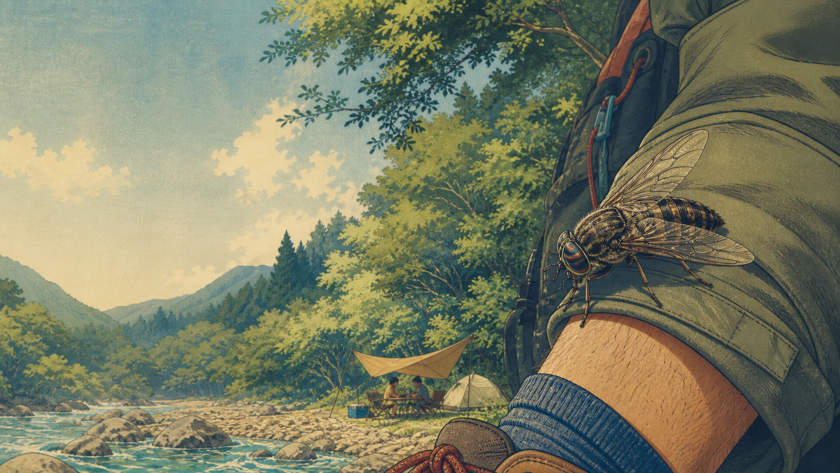 Ilustração editorial de uma mutuca em área de camping e rio no verão japonês, sem texto incorporado.