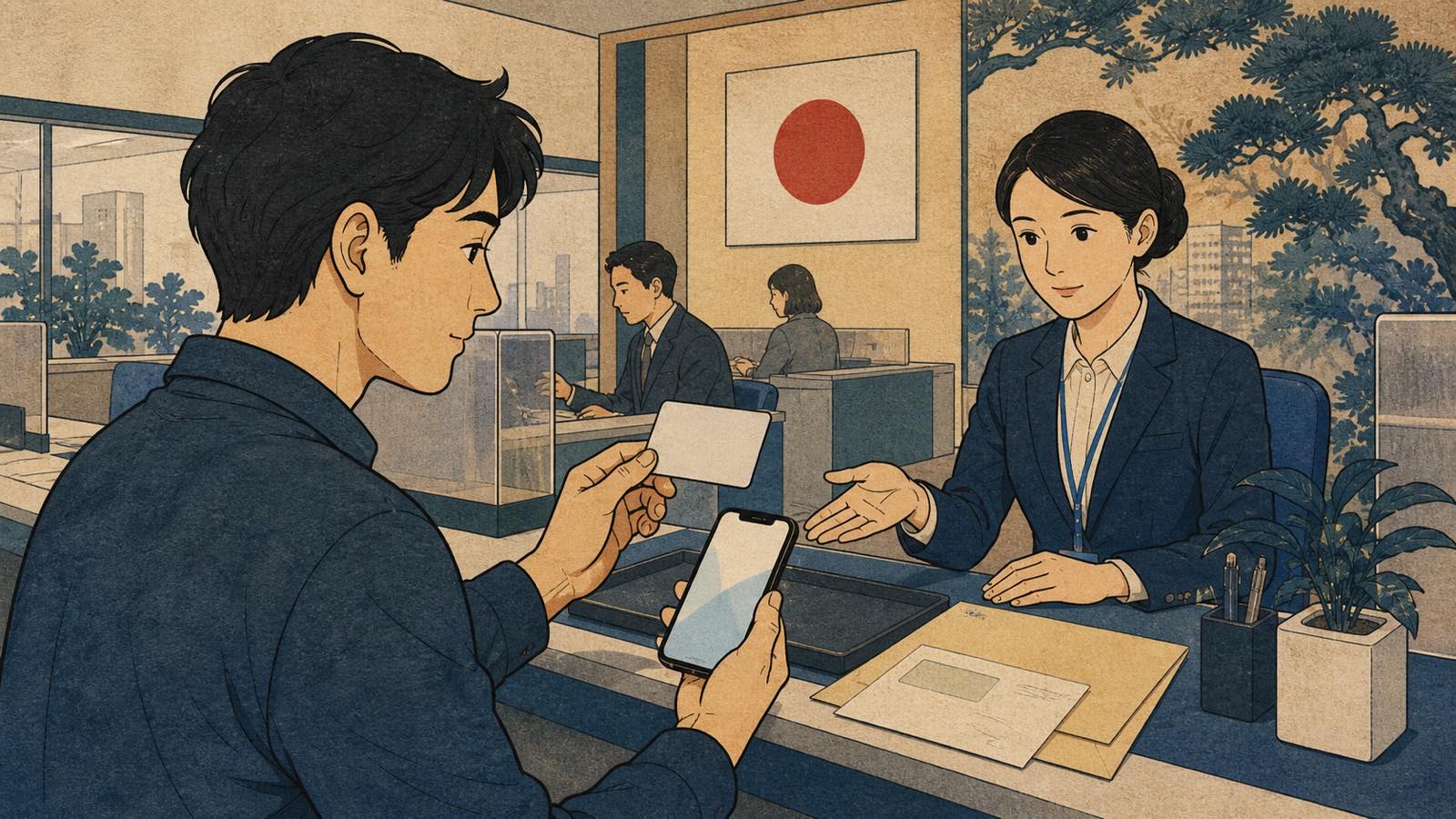 Ilustração editorial neo-ukiyo-e de balcão municipal com cartão My Number, smartphone e envelopes oficiais sem dados legíveis.