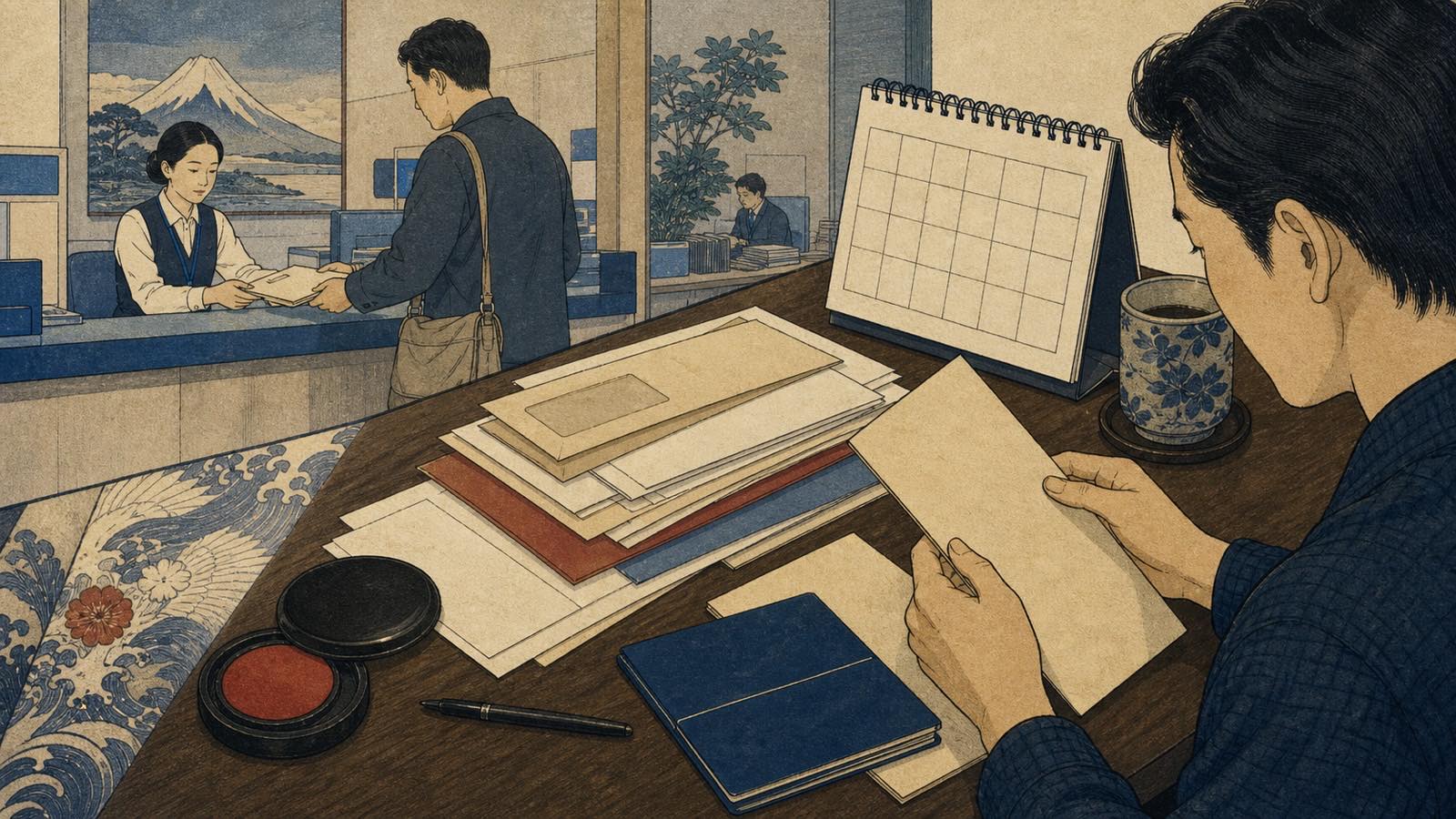 Ilustração editorial neo-ukiyo-e de balcão municipal, caderno de pensão e formulário administrativo sem texto legível.