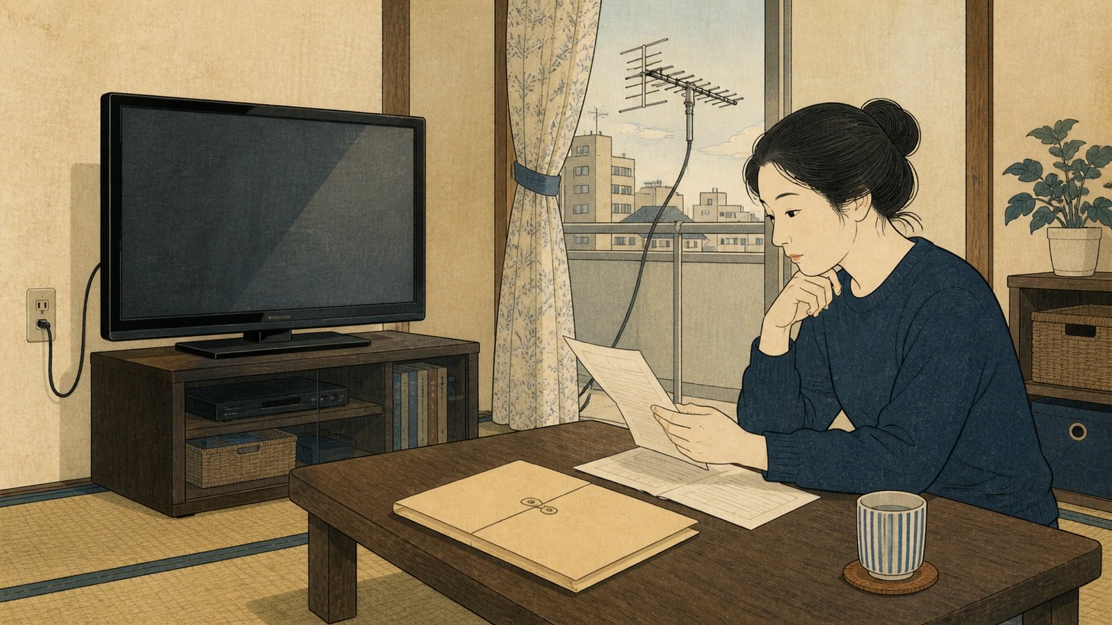 Ilustração editorial neo-ukiyo-e de apartamento japonês com televisão, antena e formulário da NHK sem texto legível.