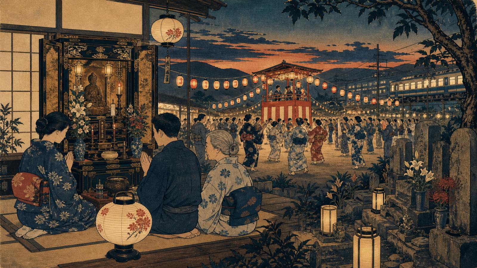 Ilustração neo-ukiyo-e editorial do Obon no Japão com lanternas, altar familiar, Bon Odori e estação ao fundo, sem texto incorporado.