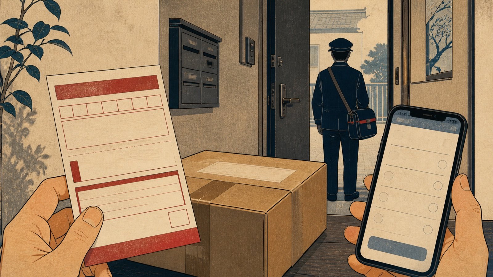 Ilustração editorial neo-ukiyo-e de entregador Japan Post, aviso de ausência e pacote Yu-Pack sem marcas ou texto legível.