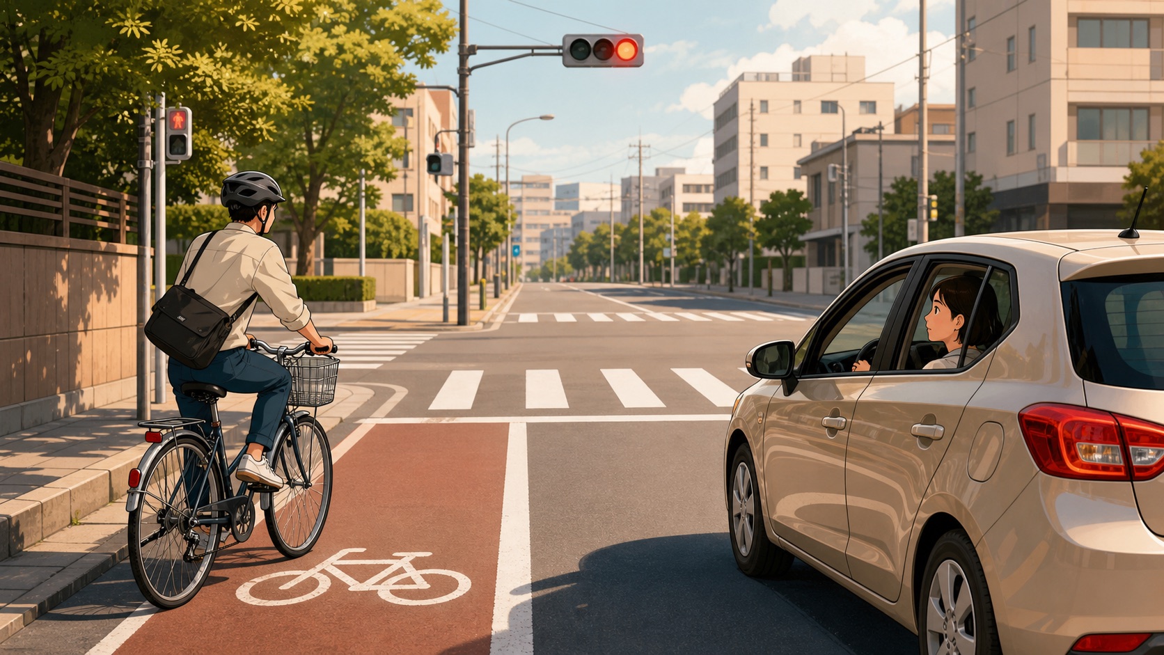 Ciclista de capacete e motorista parados em cruzamento urbano no Japão