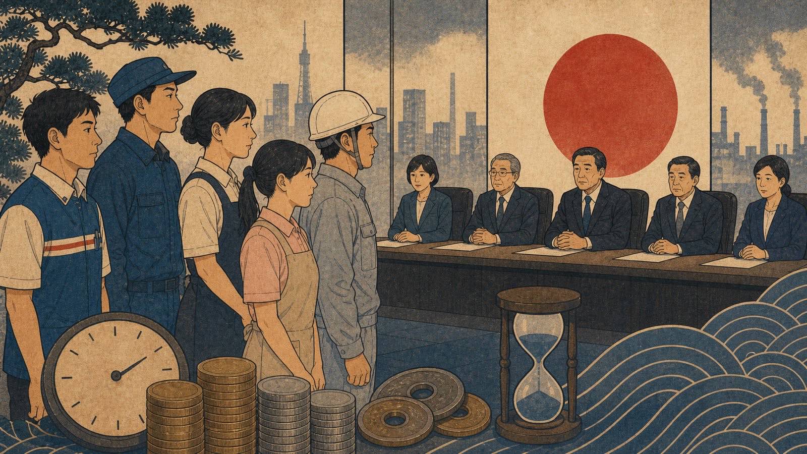 Ilustração neo-ukiyo-e editorial de fábrica japonesa, holerite e relógio de ponto, sem texto incorporado.