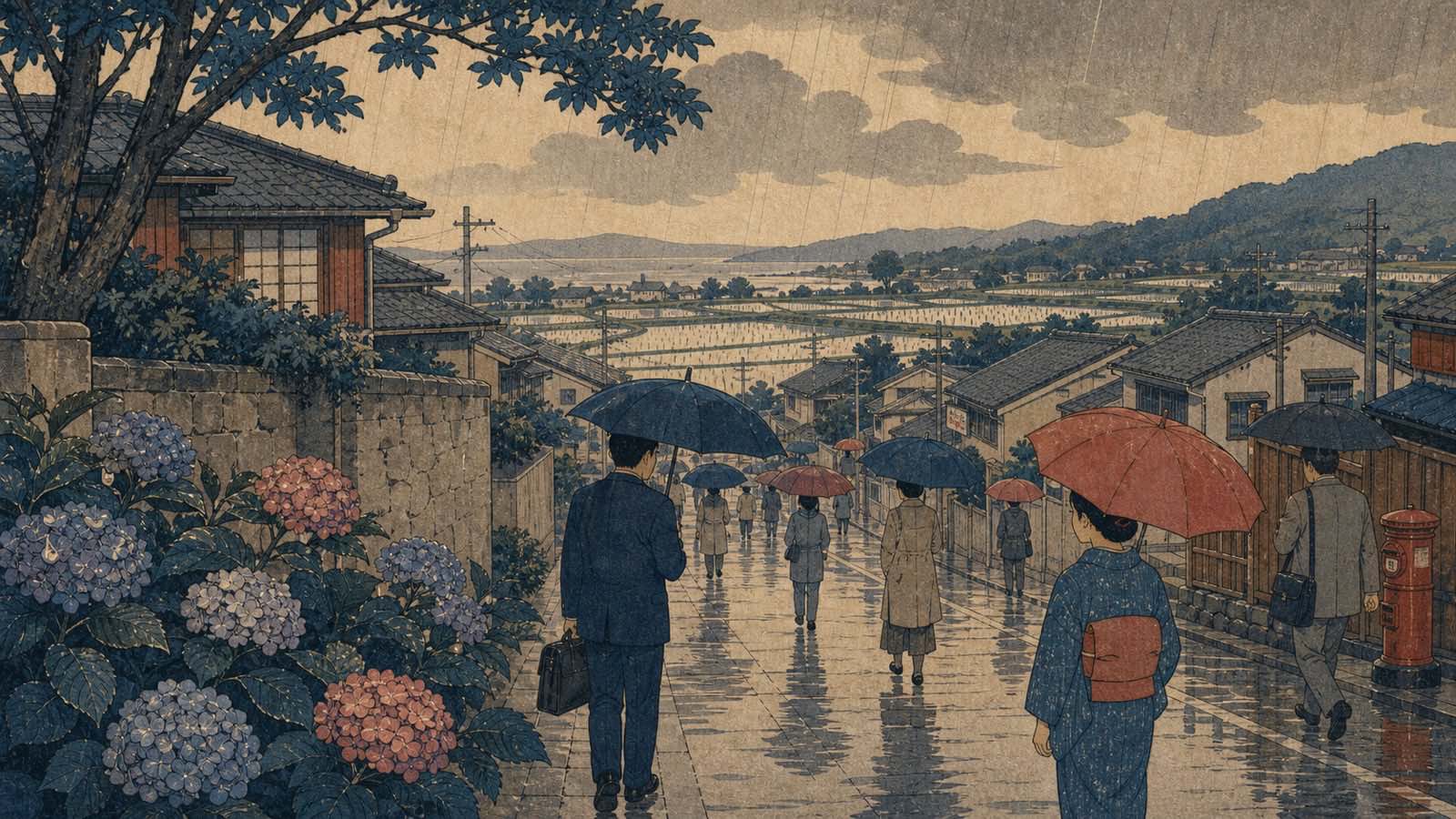 Ilustração neo-ukiyo-e editorial de rua japonesa chuvosa com guarda-chuvas, hortênsias e estação de trem, sem texto incorporado.