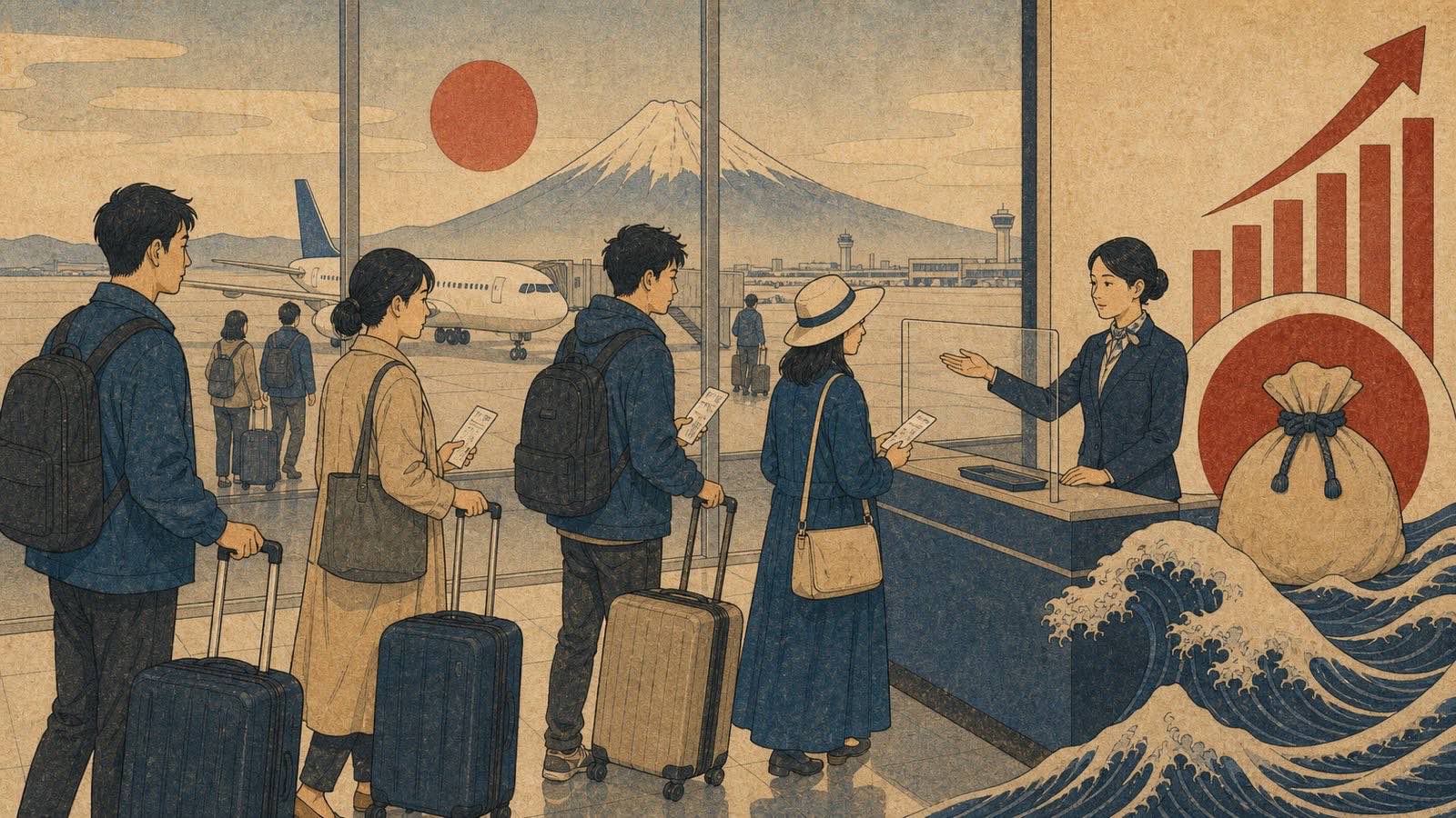 Ilustração neo-ukiyo-e editorial de aeroporto japonês com viajantes, avião e moedas, sem texto incorporado.