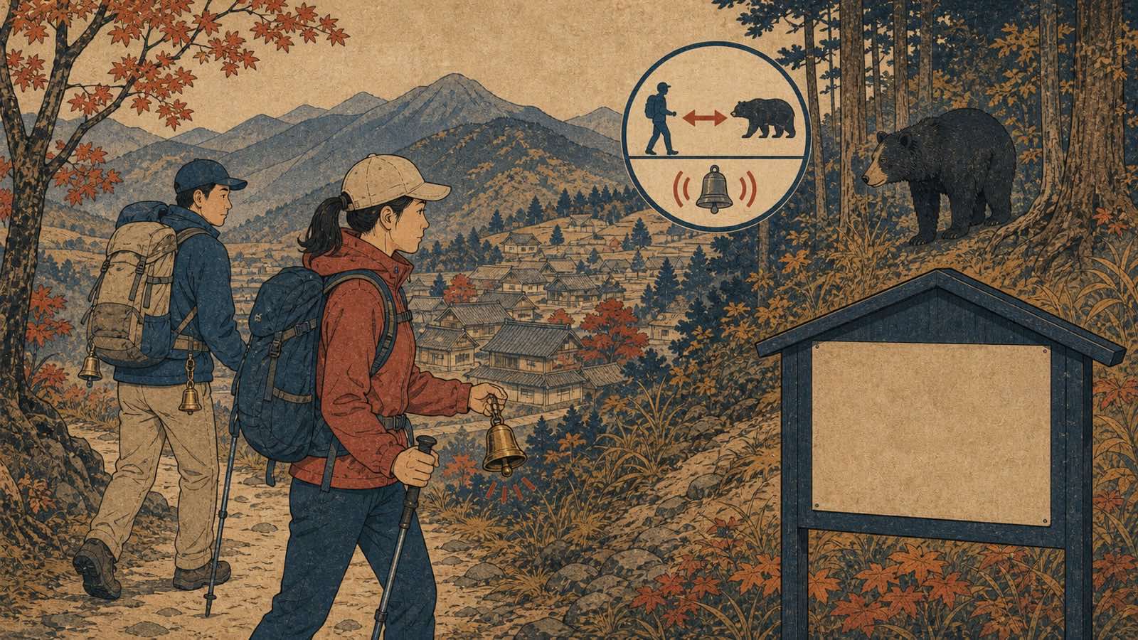 Ilustração neo-ukiyo-e editorial de trilha montanhosa japonesa com placa de alerta e urso distante, sem texto incorporado.